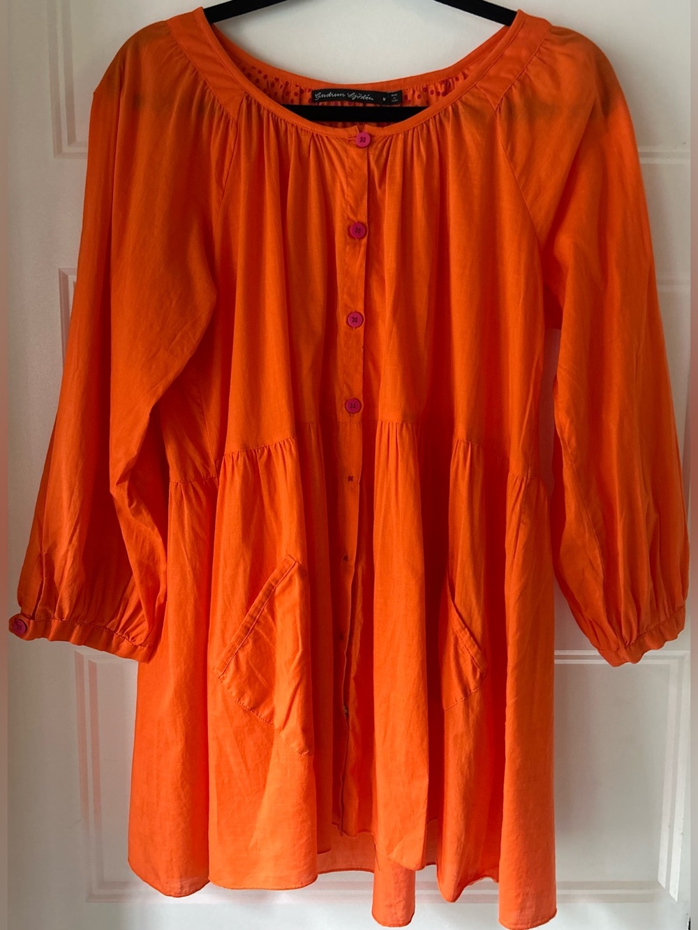 Gudrun Sjoden Orange Cotton Tunic M Button Front Lagenlook Boho Artsy Pockets